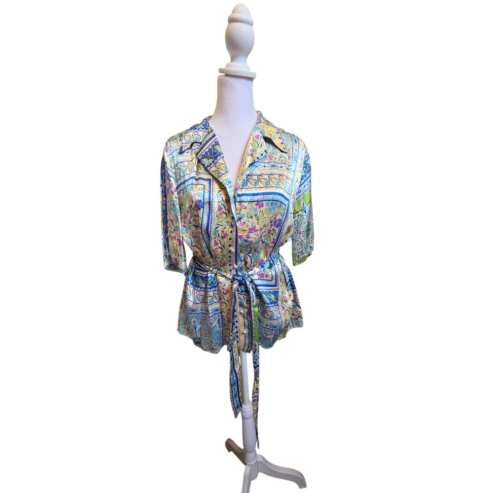 Zara Floral Paisley Print Satin Tie Waist Blouse Blue Yellow Large 3198/248 - Picture 7 of 9